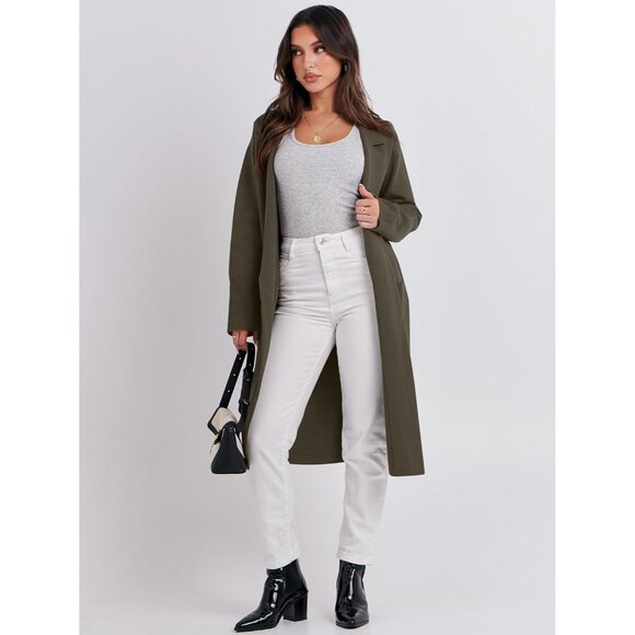 Womens Army Green Cardigan Sweater 2025 Fall Outfits Knitted Lapel Long Coats - Picture 7 of 8